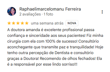 Avaliação 5 estrelas no Google de Raphaelimarcelomanu Ferreira sobre a Dra. Amanda Marangon